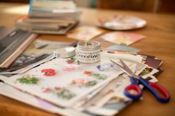 scrapbooking and paper crafting with coccoina glue pot and scissors